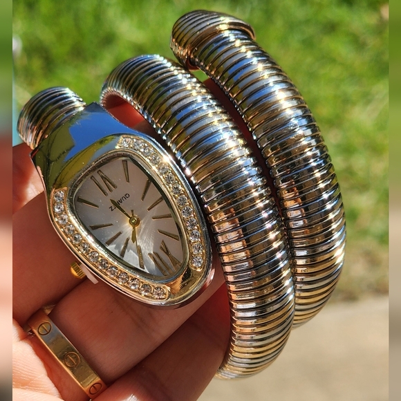 Gold and Silver Coiled Watch with Crystal Accents - Picture 4 of 5
